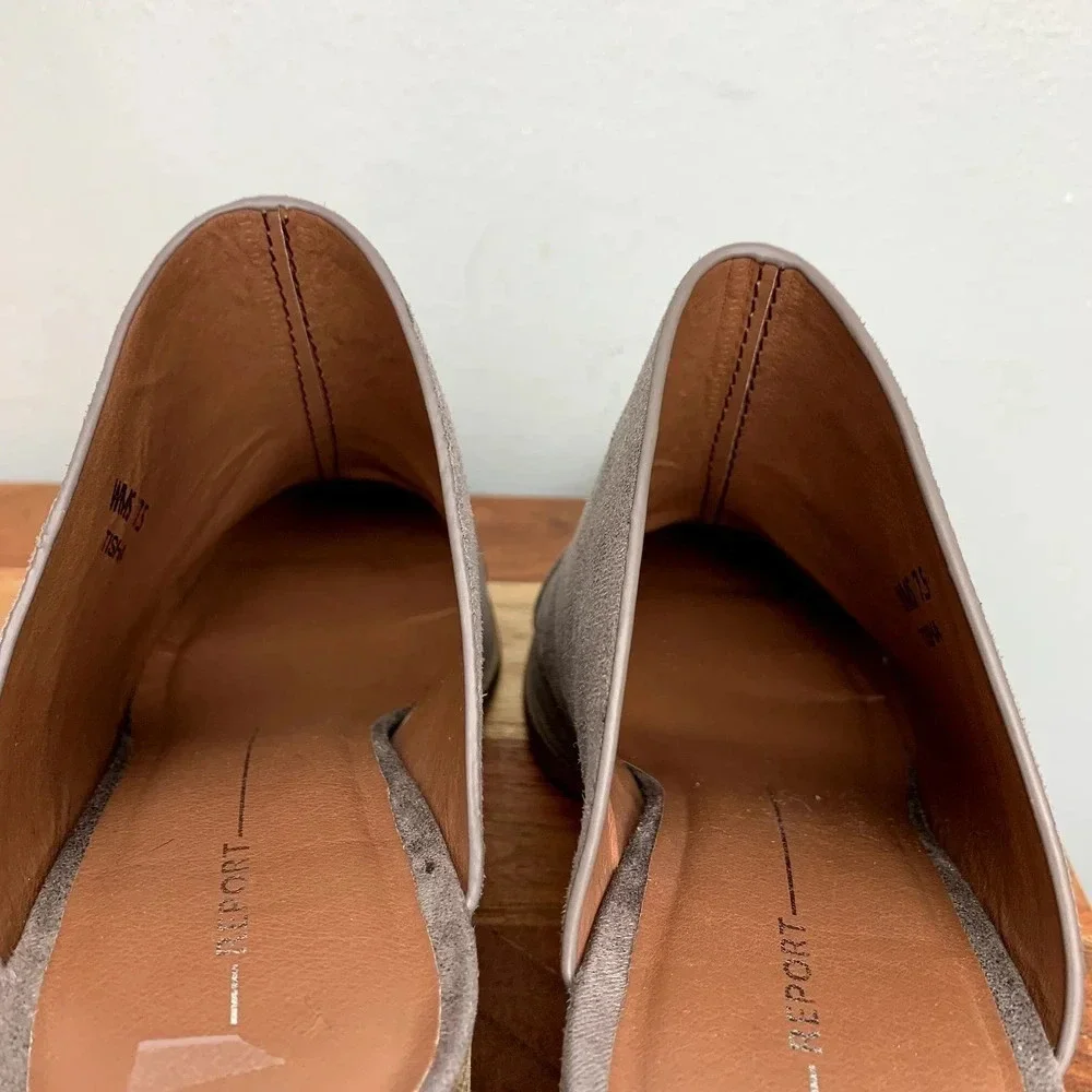 Report Tisha Faux Suede Leather Mules Clogs Pointed Toe Gray Taupe Shoes sz 7.5
